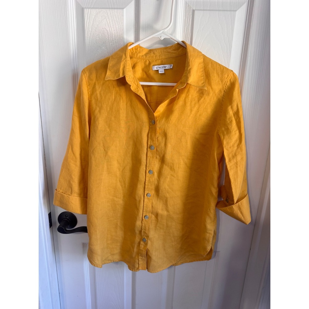 Chico's Mustard Yellow 100% Linen Button Down Shirt Size 0.5 Small 6